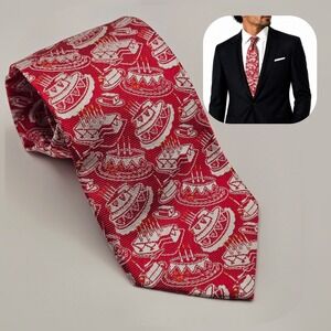 Ben Silver Silk Novelty Birthday Cake Tie Red Handmade in Italy Luxury Party Y2K